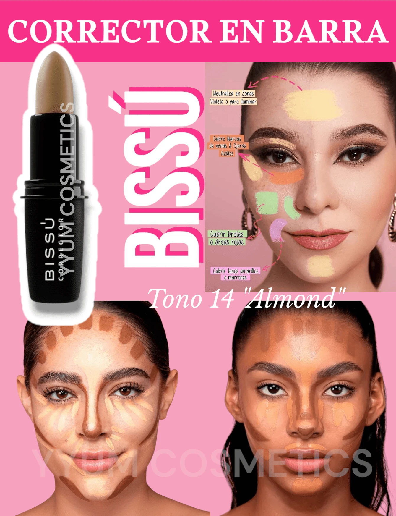 Bissú Corrector de barra - 15 tonos versátiles, acabado natural, contorno, resaltado, fácil aplicación, 4,7 gr