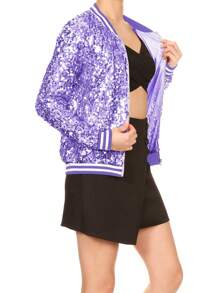 Womens Sequin Long Sleeve Front Zip Jacket With Ribbed Cuffs Bomber For Party - 淡紫色 - 查看 4