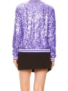 Womens Sequin Long Sleeve Front Zip Jacket With Ribbed Cuffs Bomber For Party - 淡紫色 - 查看 2