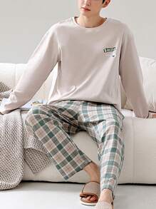 2 pièces Ensemble de vêtements de nuit pour homme, Top à col rond ample à manches longues et pantalon à carreaux verts avec poches
