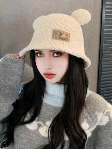 1 szt. Damska jednokolorowa czapka typu bucket, jesienno-zimowa ciepła wiatroszczelna czapka ochronna na uszy, duży rozmiar czapki, uroczy pluszowy miś, polarowa czapka dekoracyjna na uszy, odpowiednia na zewnątrz, zakupy, narciarstwo