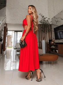 Women's Luxury Set CROPPED BOW And MIDI Flared Skirt, Elegant New Year's Eve Party Look - Đỏ - Xem 3