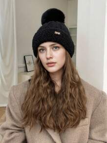1pc Women's New Stylish Versatile Solid Color Fluffy Ball Logo Knitted Beanie, Winter Outdoor Warm Thick Earmuff Skullcap, Unisex Suitable For Daily Use Winter Christmas Beanie Hat