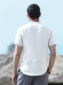 NITAGUT 男士纯色口袋短袖休闲通勤衬衫 - 白色 - 查看 2