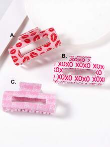 1pc Valentine's Day Pink Printed Rectangular Hair Clip, Anti Slip And Strong To Hold The Chin Hair Clip, Women's Fine Hair Styling Accessory - Multicolor - View 2