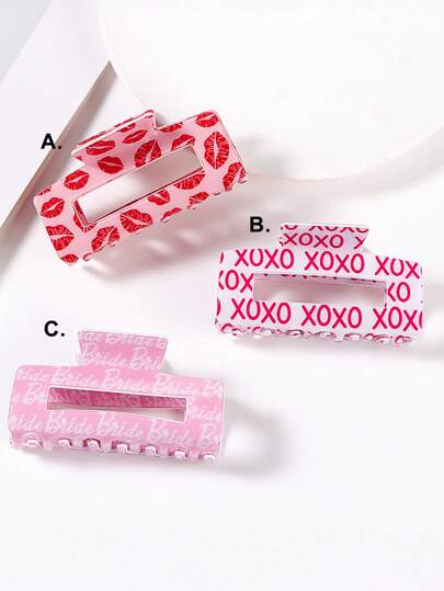 1pc Valentine's Day Pink Printed Rectangular Hair Clip, Anti Slip And Strong To Hold The Chin Hair Clip, Women's Fine Hair Styling Accessory