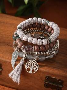 4 件/套波西米亚菩提珠多层翼与流苏生命之树吊坠串珠手链，适合日常佩戴 - 黑色 - 查看 7