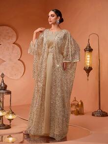 Women's High-End Luxurious Pearl Embroidered Lace Sequin Mesh Two-Piece Robe Dress - Gold - View 4