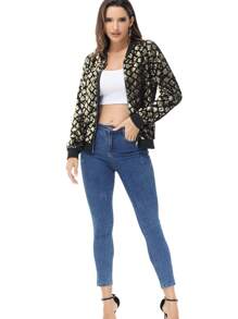 Womens Sequin Long Sleeve Front Zip Jacket With Ribbed Cuffs Bomber For Party - 金鑽 - 查看 5