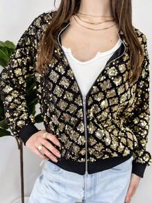 Womens Sequin Long Sleeve Front Zip Jacket With Ribbed Cuffs Bomber For Party - 金鑽 - 查看 8