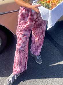 Women Wide Leg Pants Casual Loose Elastic Plaid Trousers With Pockets For Work Office Streetwear