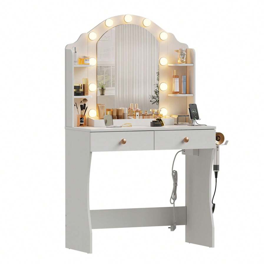 Dressing Table With Adjustable LED Lighting And Sockets Cosmetic Table With Mirror Dressing Table With Mirror Make-Up Table With Large Storage Contemporary Style For Bedroom, White - White - View 1
