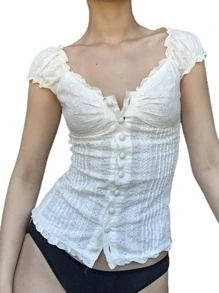 Women Fairy Grunge Y2K Shirts Puff Short Sleeve V-Neck Blouses Summer Button-Down Tops E-Girls Aesthetic Clothes - trắng - Xem 1