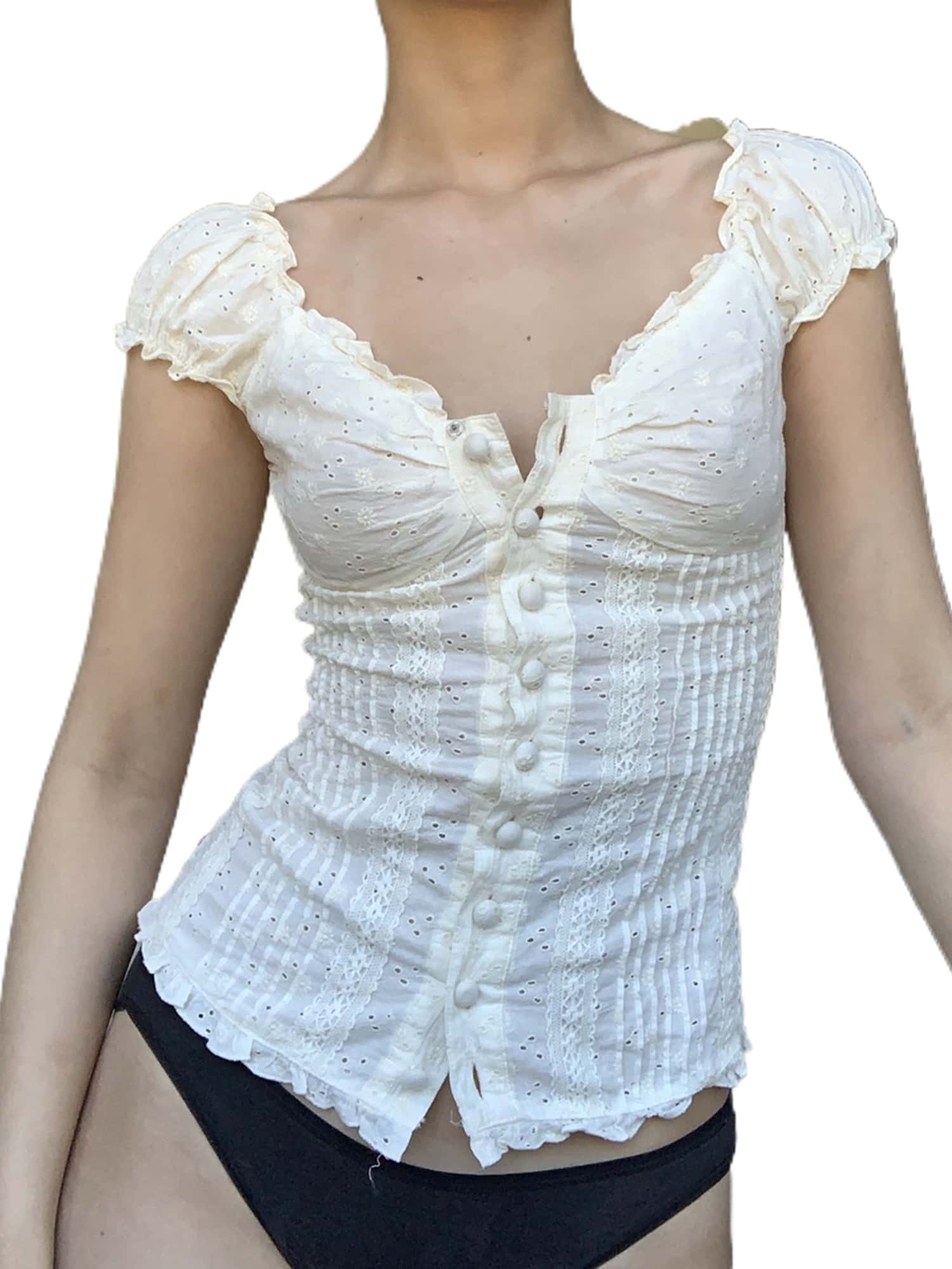 Women Fairy Grunge Y2K Shirts Puff Short Sleeve V-Neck Blouses Summer Button-Down Tops E-Girls Aesthetic Clothes - trắng - Xem 1