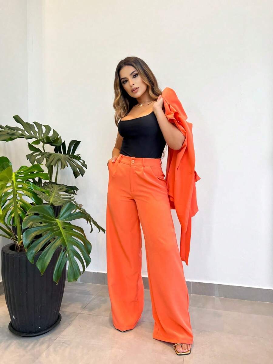 Tailoring Set Of Vest And Pants With Wonderful Belt - Orange - View 1