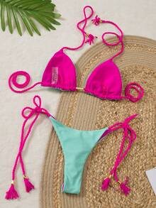 Bikini de estilo cruzado en la espalda de metal de alta gama, bañador sexy sin espalda de unicolor con tirantes trenzados, nueva moda 2025