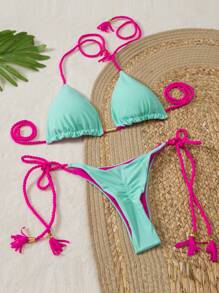 Bikini de estilo cruzado en la espalda de metal de alta gama, bañador sexy sin espalda de unicolor con tirantes trenzados, nueva moda 2025