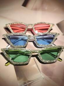 3pcs Women's Rhinestone & Crystal Embellished Plastic Frame Cat Eye Fashion Glasses, Y2K Luxury Party Decorative Glasses Suitable For Beach, Theme Party, Concert, Festival (Comes With Cleaning Cloth) Fashion Glasses For Women Ladies Shades Beach Accessories Vintage Y2k Valentines - 彩色 - 查看 2