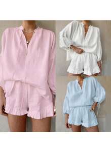 Women Summer Shorts Outfits Solid Color Long Sleeve Tie-Up V-Neck Shirts Tops Elastic Waist Shorts 2 Pieces Clothes Set - 粉色 - 查看 2