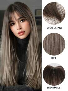Black Long Straight Wigs For Women, Natural Black Synthetic Wigs With Bangs, Elegant Beautiful Natural Looking Heat Resistant Synthetic Wig Daily Party Use - 棕色 - 查看 7
