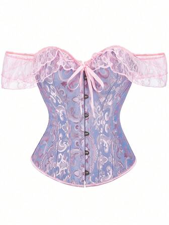 Plus Size Women Off-Shoulder Jacquard Ruched Waist Lace Strap Corset Top, Suitable For New Year Party, Valentine's Day, Holiday, Halloween Costume