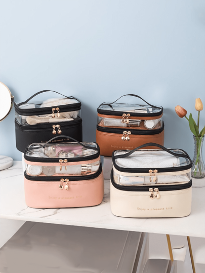 1 bucată Geantă cosmetică cu două straturi de mare capacitate Geantă de toaletă transparentă de culoare solidă.