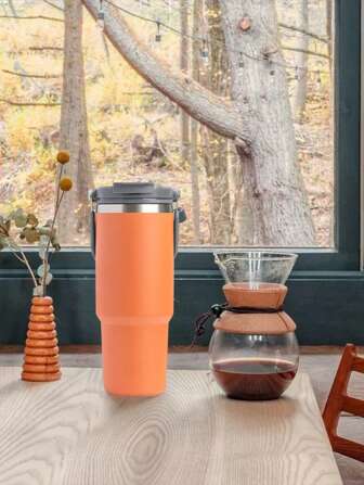 1pc Stainless Steel Insulated Cup With Handle And Straw, Double-Walled Vacuum Insulated Tumbler With Straw And Big Capacity, Gift For Outdoor Sports Back To School