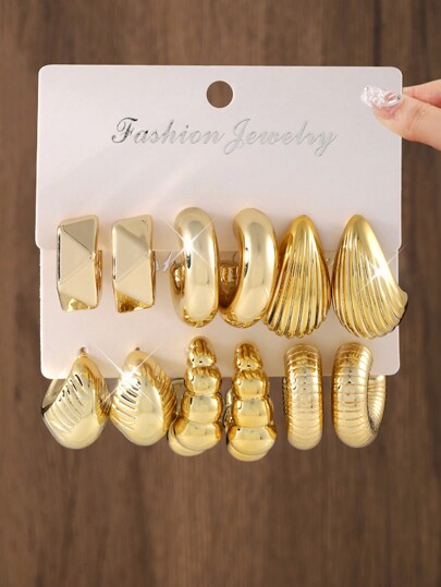 12pcs/Set Fashionable Geometric CCB Hoop Earrings, Cube, Stripe Shell, Ox Horn Shaped Design, Women Casual Daily Party Jewelry