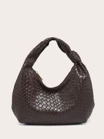 女士纯色新月形手提包，百搭时尚，配有打结单手柄，适合腋下携带和旅行。