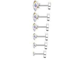 6pcs/Set 3mm - 8mm Hypoallergenic Flat Back Earrings For Women & Men, Silver Stainless Steel Stud Earrings With Cubic Zirconia Birthstone, Suitable For Sensitive Ears