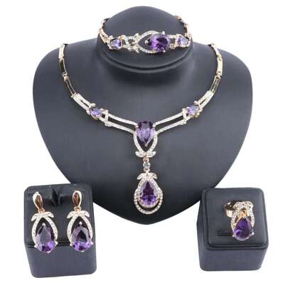 Women's Gold-Plated Purple Zirconia Crystal African Bead Necklace, Bracelet, Earrings, Ring Jewelry Set, Party & Bridal Accessories