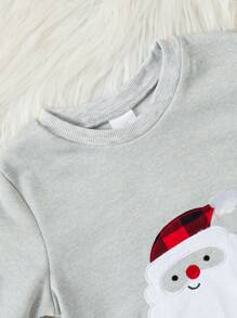 Bộ 2 áo nỉ dài tay cổ tròn thêu hình ông già Noel cho bé trai + quần dài kẻ caro đỏ đen thường ngày trang phục ngày lễ - Đỏ - Xem 3