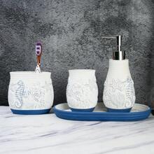 Bathroom Accessories Set 4 Pieces - Beach-Inspired 3D Shell And Starfish Pattern - Resin Bathroom Set Including Toothbrush Cup (Haiyang02) - Blue and White - View 4