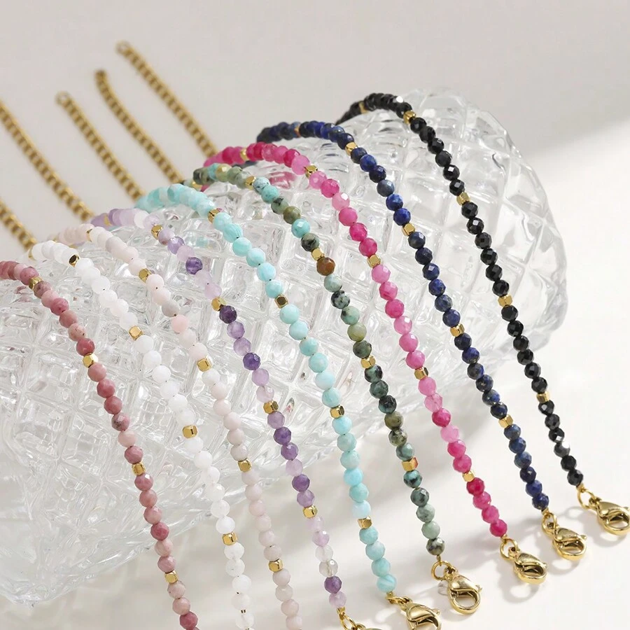1 件简约 3 毫米刻面天然石珠可调节手链，方钠石、绿松石、紫水晶、天河石、月光石，适合日常佩戴和节日礼物 - 多色 - 查看 1