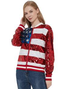 Chaqueta de manga larga con cremallera frontal y puños acanalados, con lentejuelas, para mujer, ideal para fiestas - Bandera de EE.UU. - Ver 3