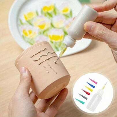 3pcs 50ml Pottery Mud Painting Bottle Squeeze Mud Bottle 7-Needle DIY Texture Ceramic Coloring Glaze Painted Clay Sculpture Tool