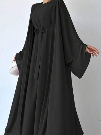 2 件套女士简约优雅连衣裙和端庄长袍 Abaya 套装（含腰带）