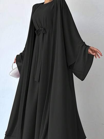 Conjunto de 2 piezas de vestido elegante simple y bata modesta tipo abaya con cinturón para mujeres