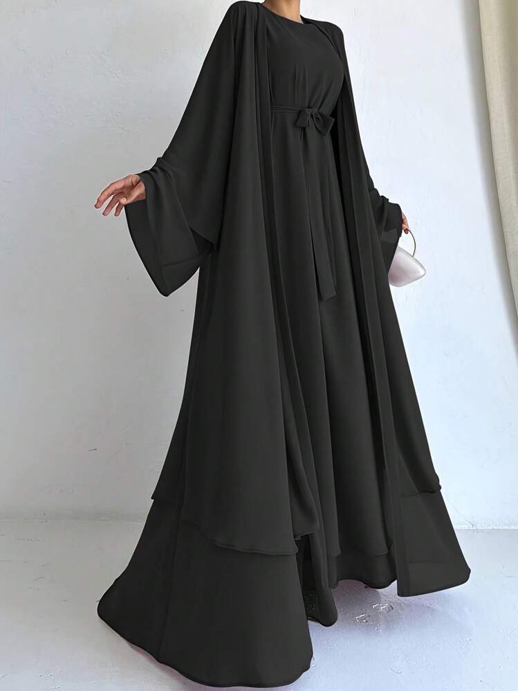2pcs Women Simple Elegant Dress & Modest Robe Abaya Set With Belt - Black - View 4