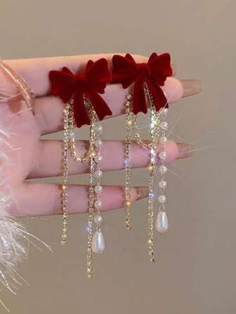 1 par de pendientes colgantes de terciopelo borgoña elegantes con lazo, pendientes largos con borla dulces y encantadores, adecuados para otoño, invierno y San Valentín