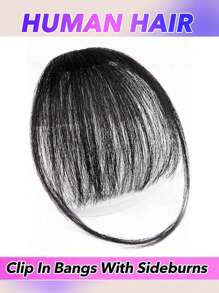 人发夹式刘海，带侧边，女士空气稀疏帘状扁平刘海，自然弯曲稀疏刘海，人造假刘海，黑色 - Natural Black - 查看 2