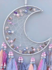 1 Pc Moon Faux Pearl Crystal Chip Dream Catcher Wall Hanging Decor, Handmade Wind Chime Suitable For Home, Study, Balcony, Wedding Party Decoration (Feather Is Artificial) Festival Decoration Rama, Home Decor, Room Decor, Wall Decor Gifts Birthday Graduation