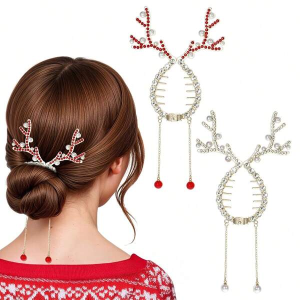 1 Stück Weihnachts-Hirschgeweih-Haarclips, mit Strass verzierter Dutt-Halter, eleganter Hirschgeweih-Quasten-Haarreif, ideales Geschenk