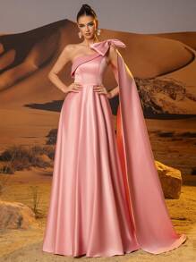 缎面单肩舞会礼服，长款蝴蝶结，女式落肩拖尾正式晚礼服，荷叶边下摆，领口系带，背部系带 A 字形返校派对礼服，适合青少年，优雅的半正式礼服，适合生日、婚礼嘉宾、毕业典礼 - 粉色 - 查看 5