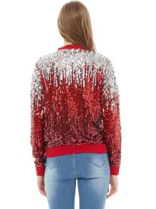 Chaqueta de manga larga con cremallera frontal y puños acanalados, con lentejuelas, para mujer, ideal para fiestas - Plata y rojo - Ver 2