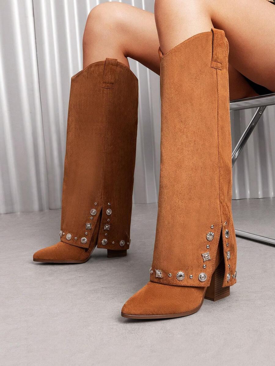 Western Cowgirl Boots For Women Pointed Toe Fold Over Knee High Boots Pull On Zipper Chunky Heel Comfortable Party Cowboy Boots - màu nâu - Xem 1
