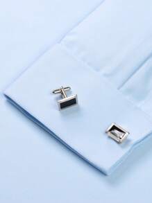 Men's Formal Dress Shirts Hidden Button Front French Cuffs Shirt Random Metal Cufflinks - Blue - View 9