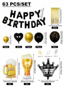 63pcs/Set Black & Gold Happy Birthday Decoration Kit, Balloon Arch Set, Banner With Metallic Tassels, Champagne Bottle & Crown Shaped Balloons, Perfect For Adult's Birthday Parties, Fit For 20th, 30th, 35th, 40th, 50th, 60th, 70th, 80th, 90th Celebrations, Christmas