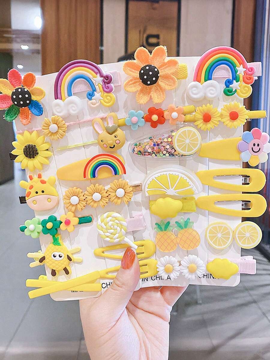28 件/套 OPP 包装（无卡）女孩卡通向日葵、水果、彩虹发夹发饰套装 - 黃色 - 查看 1