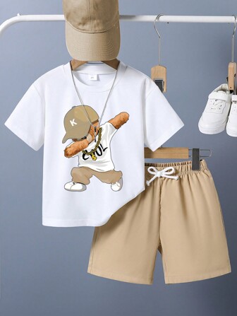 Young Boy Cartoon Print Short Sleeve T-Shirt And Shorts Summer Outfit